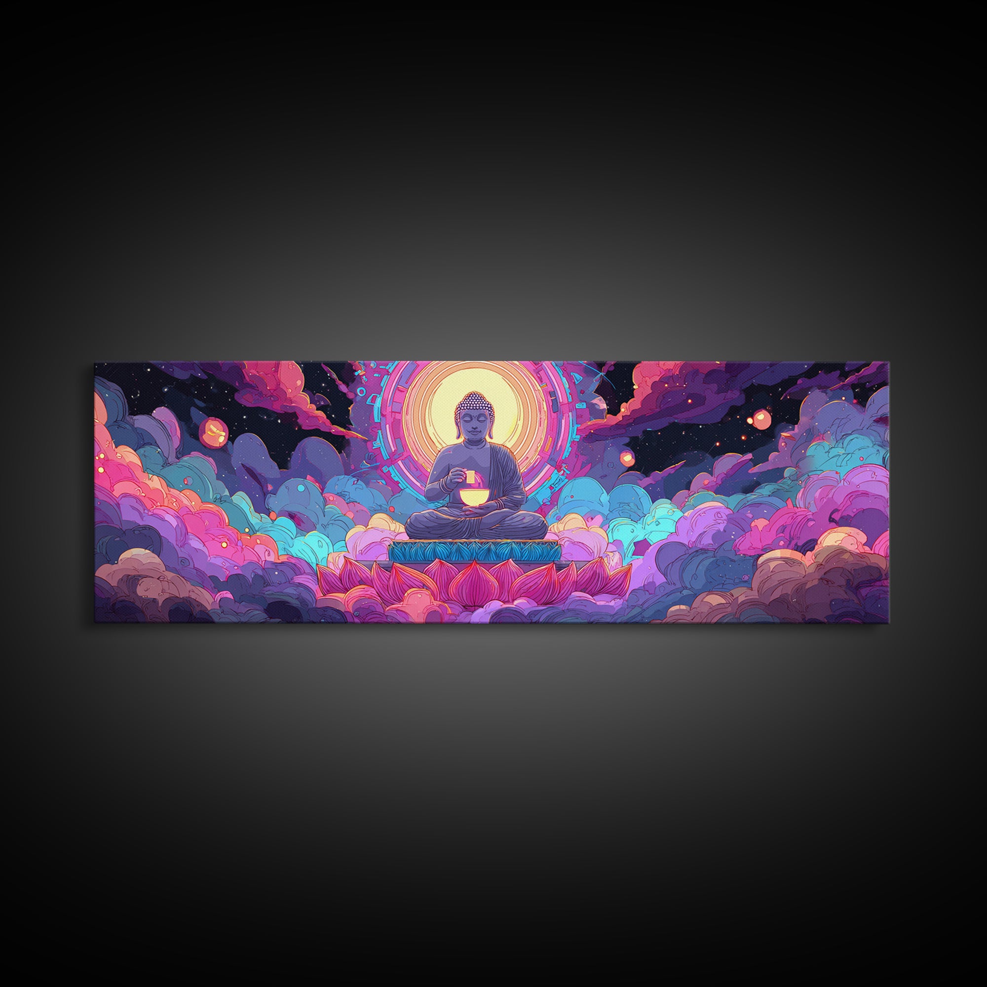 Radiant Buddha Lotus Meditation Canvas Print, Psychedelic Celestial Wall Art For Yoga Studio, Spiritual Home Decor Print