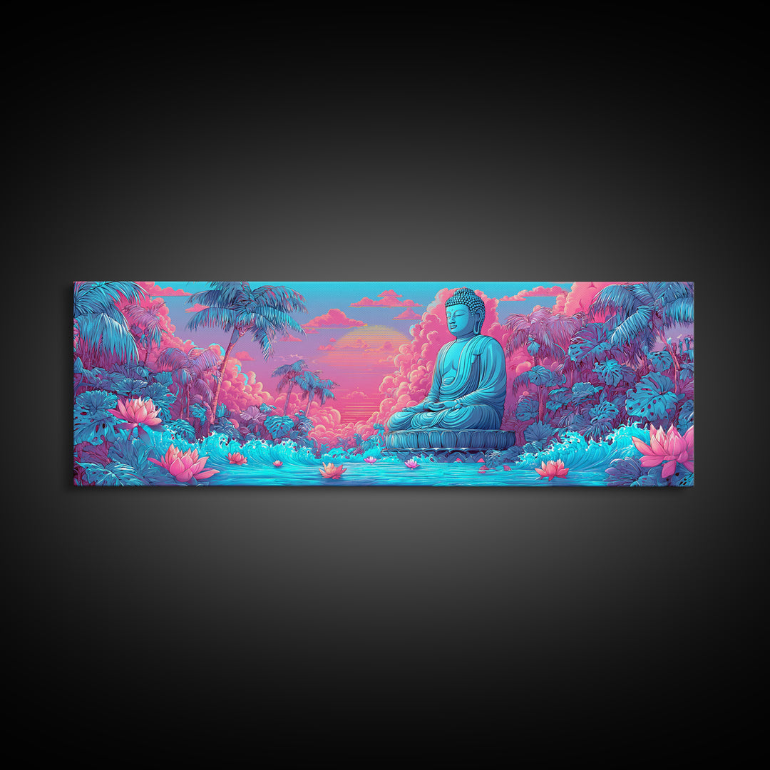 Pink Blue Buddha Garden Wall Art, Zen Meditation Canvas Print, Lotus Flower Spiritual Decor, Tropical Calming Room Art Print