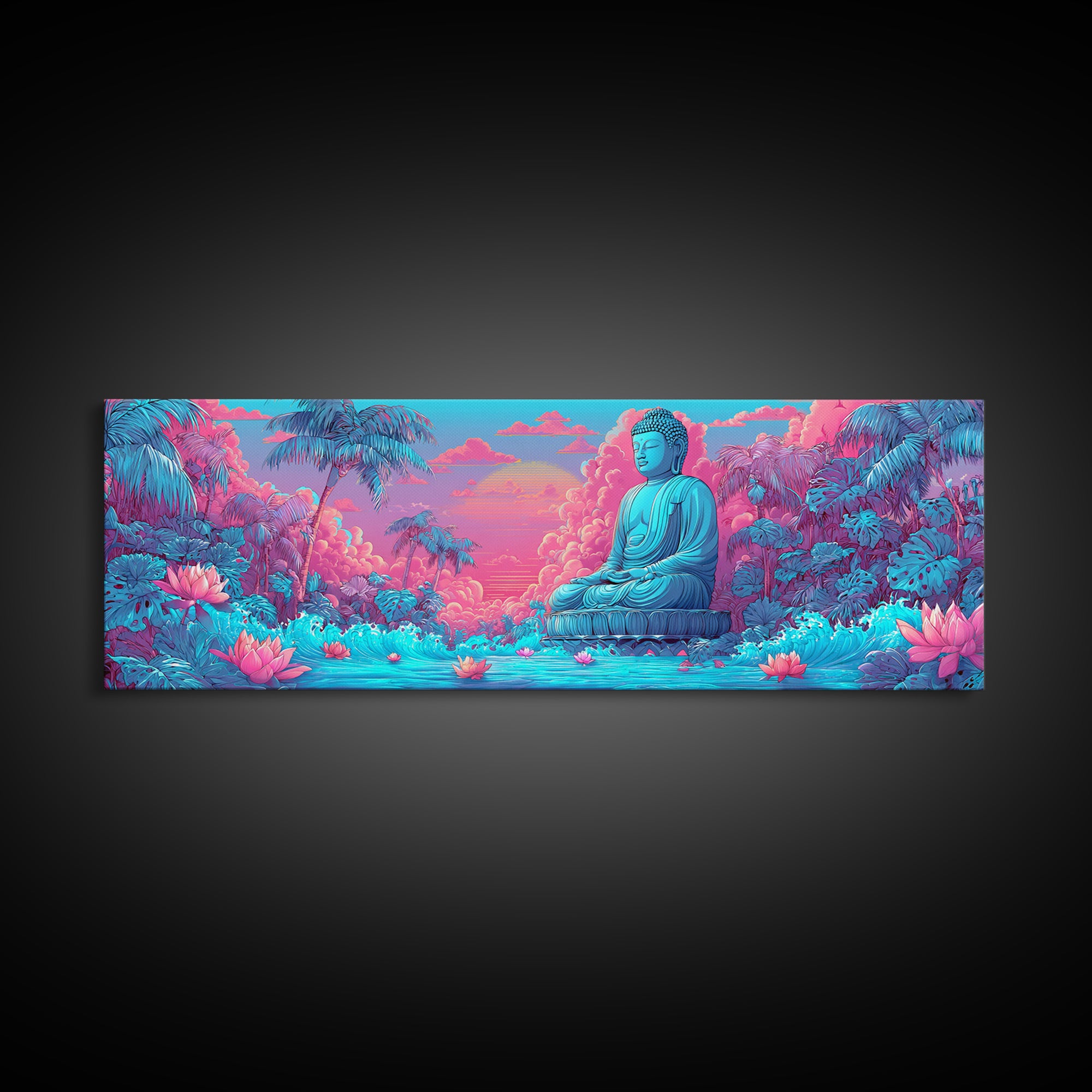 Pink Blue Buddha Garden Wall Art, Zen Meditation Canvas Print, Lotus Flower Spiritual Decor, Tropical Calming Room Art Print