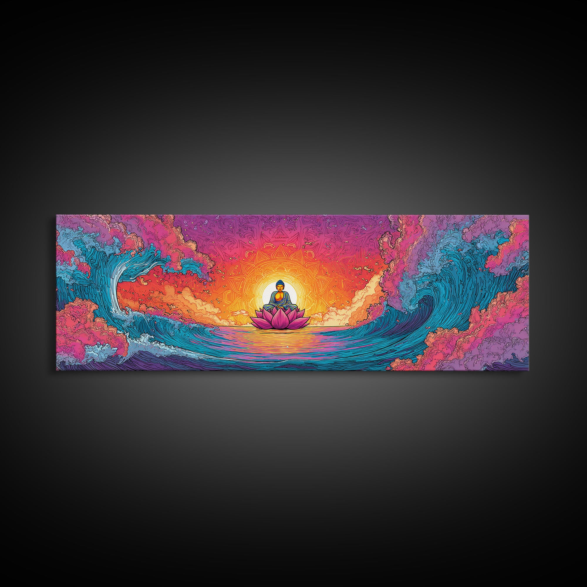 Pixel Buddha On Lotus Waves Wall Art, Celestial Meditation Canvas Print, Zen Yoga Room Decor, Vibrant Spiritual Gift For Home Decor