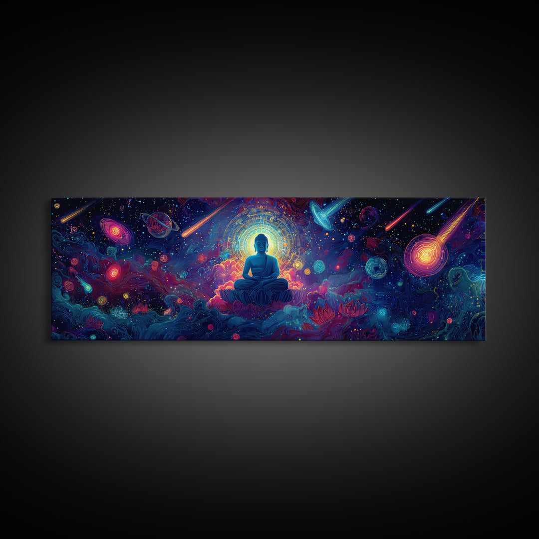 Cosmic Meditating Buddha In Galaxy Clouds Wall Art, Celestial Art, Psychedelic Space Decor, Spiritual Canvas Print, Zen Home Decor