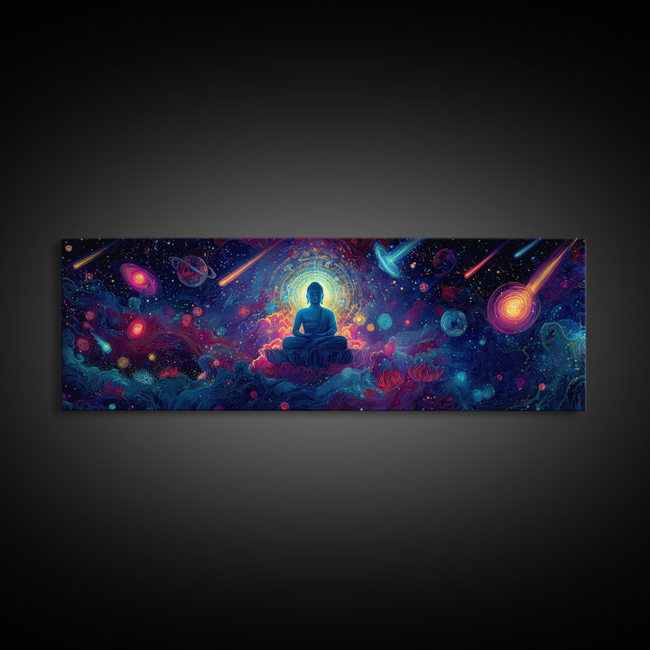 Cosmic Meditating Buddha In Galaxy Clouds Wall Art, Celestial Art, Psychedelic Space Decor, Spiritual Canvas Print, Zen Home Decor