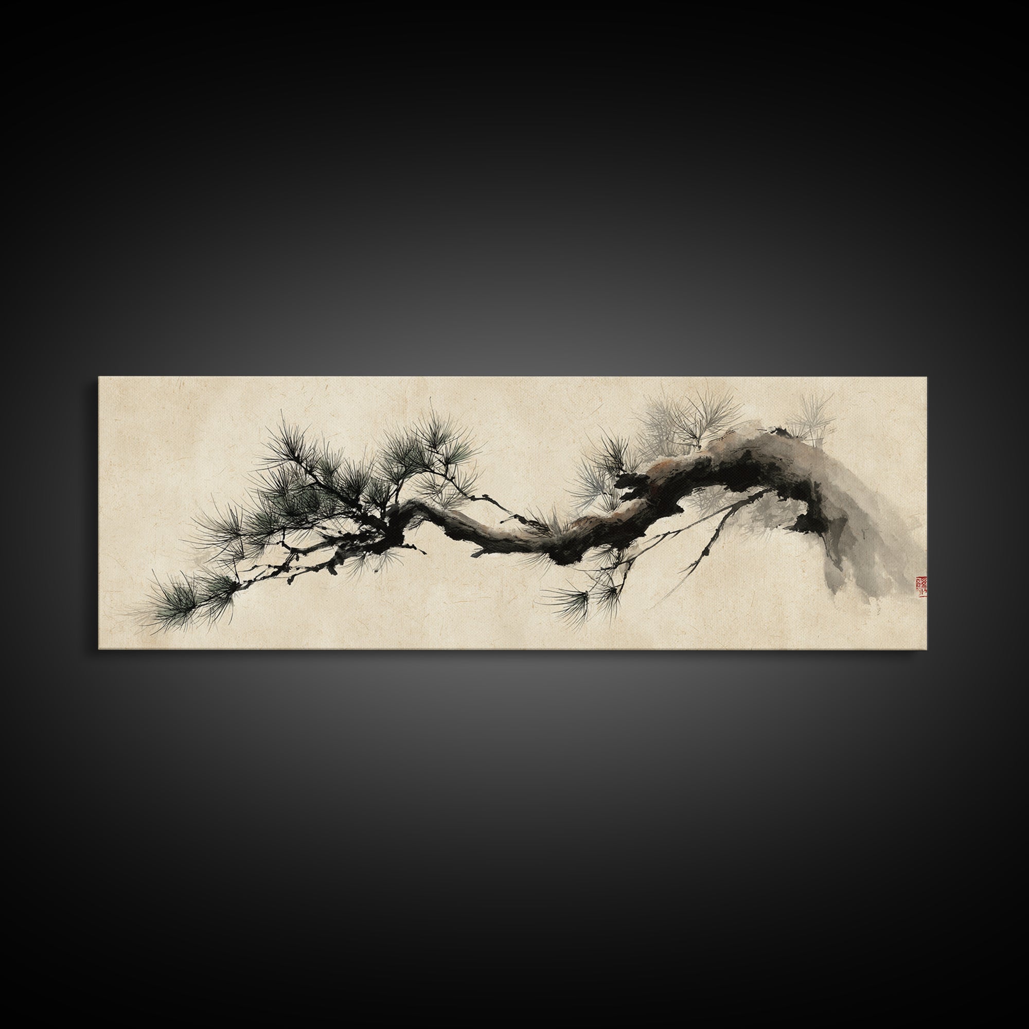 Japanese Ink Pine Branch Wall Art, Minimalist Zen Canvas Print, Asian Botanical Decor, Wabi Sabi Living Room Art, Home Decor