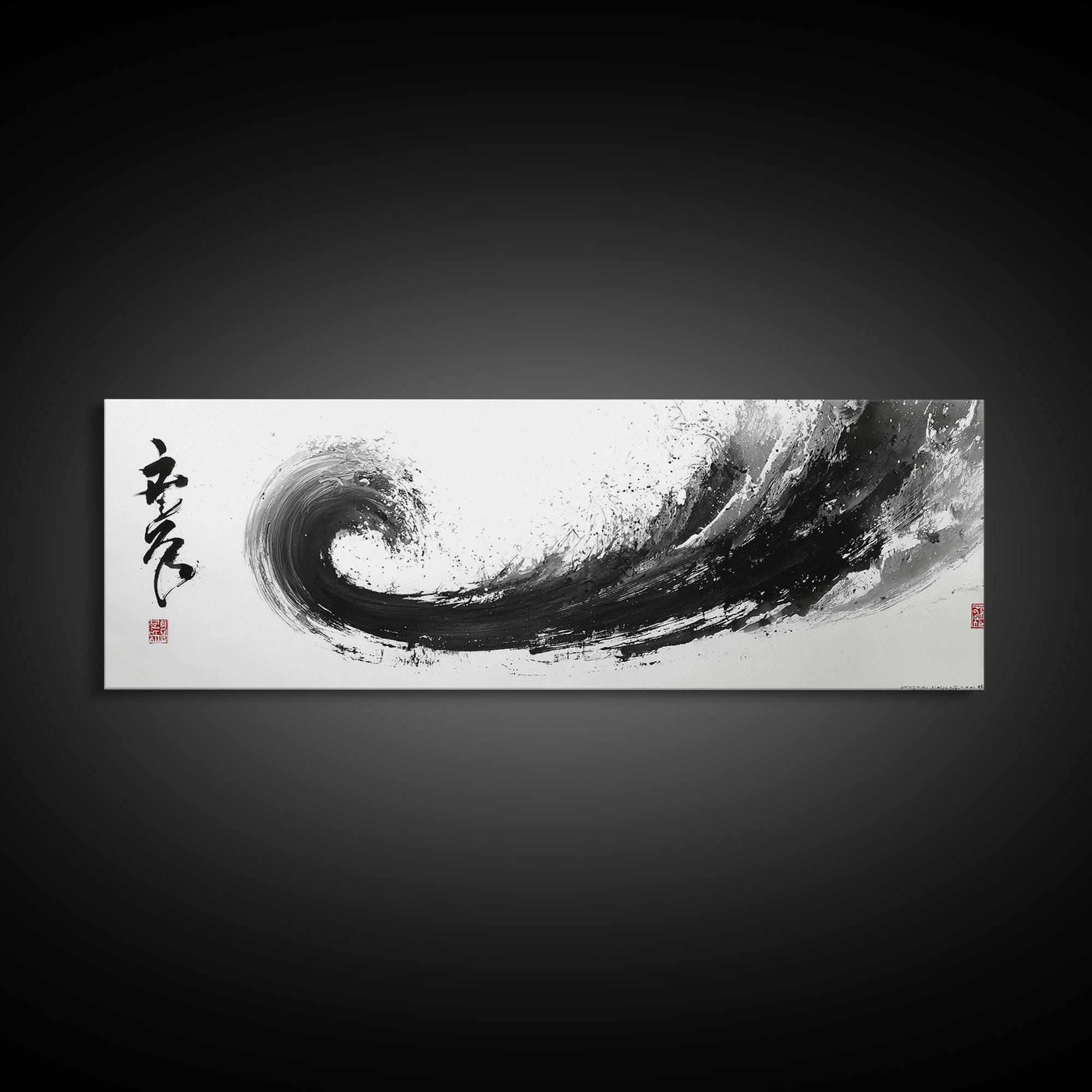 Black Ink Zen Wave Canvas Print, Japanese Calligraphy Wall Art, Minimalist Black And White Art, Meditation Room Decor Print