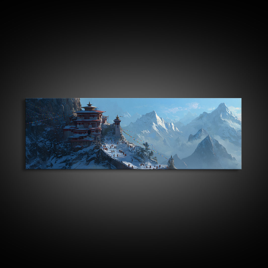 Himalayan Mountain Monastery Framed Canvas Print, Asian Landscape Art, Buddhist Wall Art, Travel Poster, Meditation Room Decor