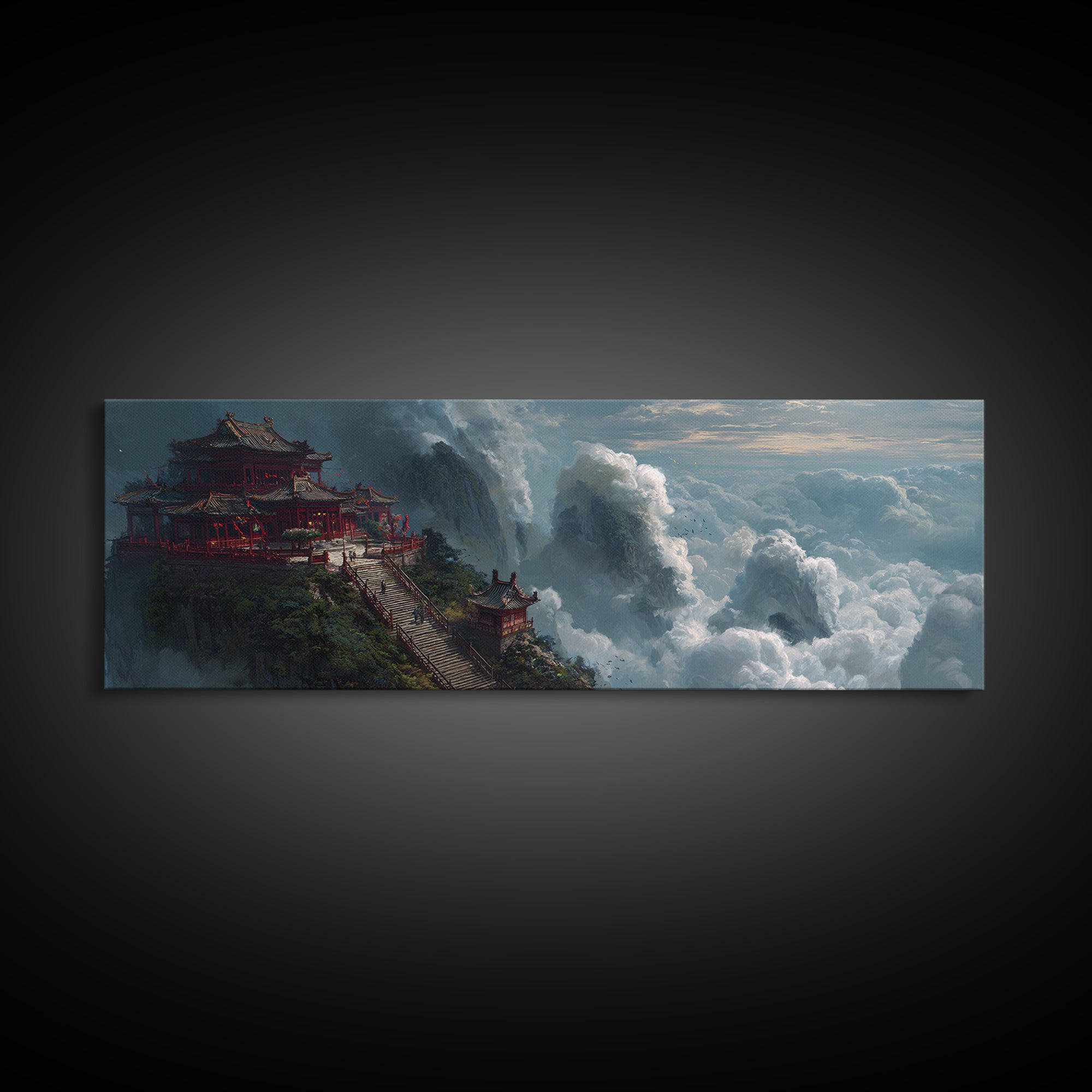 Cloud Temple Mountain Wall Art, Asian Pagoda Fantasy Landscape, Zen Home Decor Framed Canvas Print, Large Living Room Art