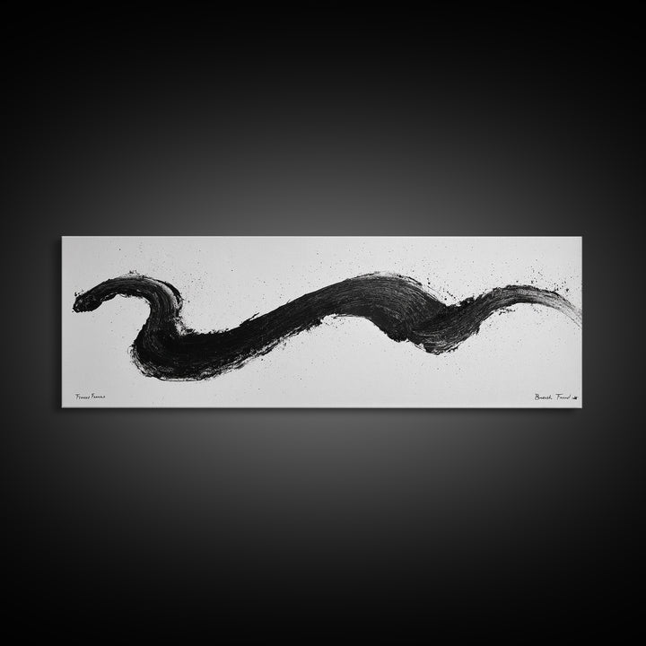 Black Brushstroke Abstract Wall Art, Minimalist Ink Canvas Print, Black And White Modern Office Decor, Horizontal Wall Art