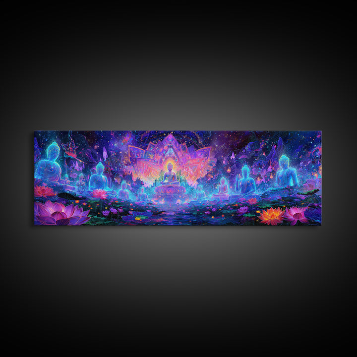 Glowing Lotus Buddha Meditation Wall Art, Psychedelic Spiritual Canvas Print, Yoga Studio Decor, Celestial Mindfulness Gift
