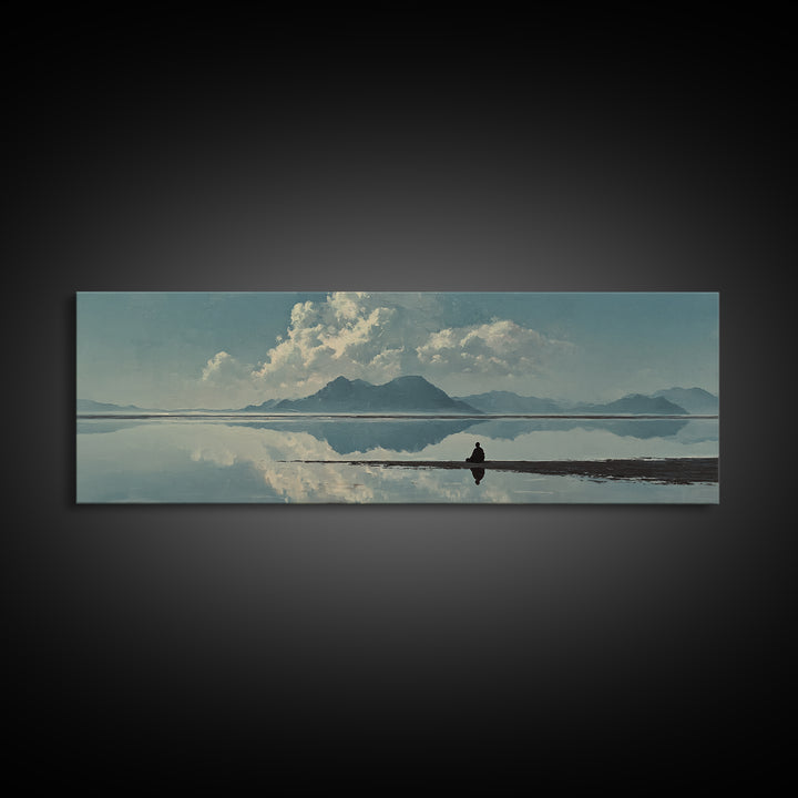Quiet Mountain Lake Reflection With Lone Figure, Minimalist Wall Art, Landscape Canvas Print, Neutral Living Room Decor