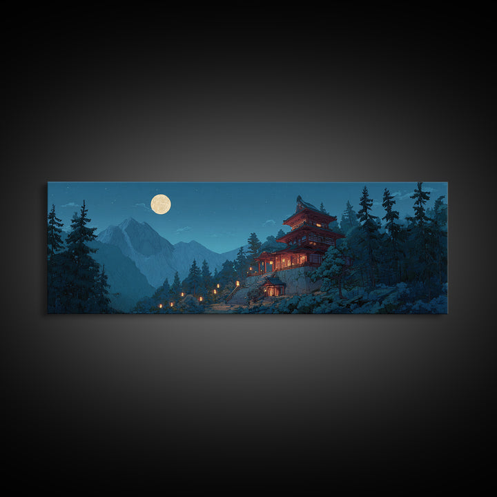 Moonlit Japanese Pagoda In Snowy Pines Wall Art, Japandi Mountain Landscape Canvas Print, Zen Decor, Serene Winter Home Decor