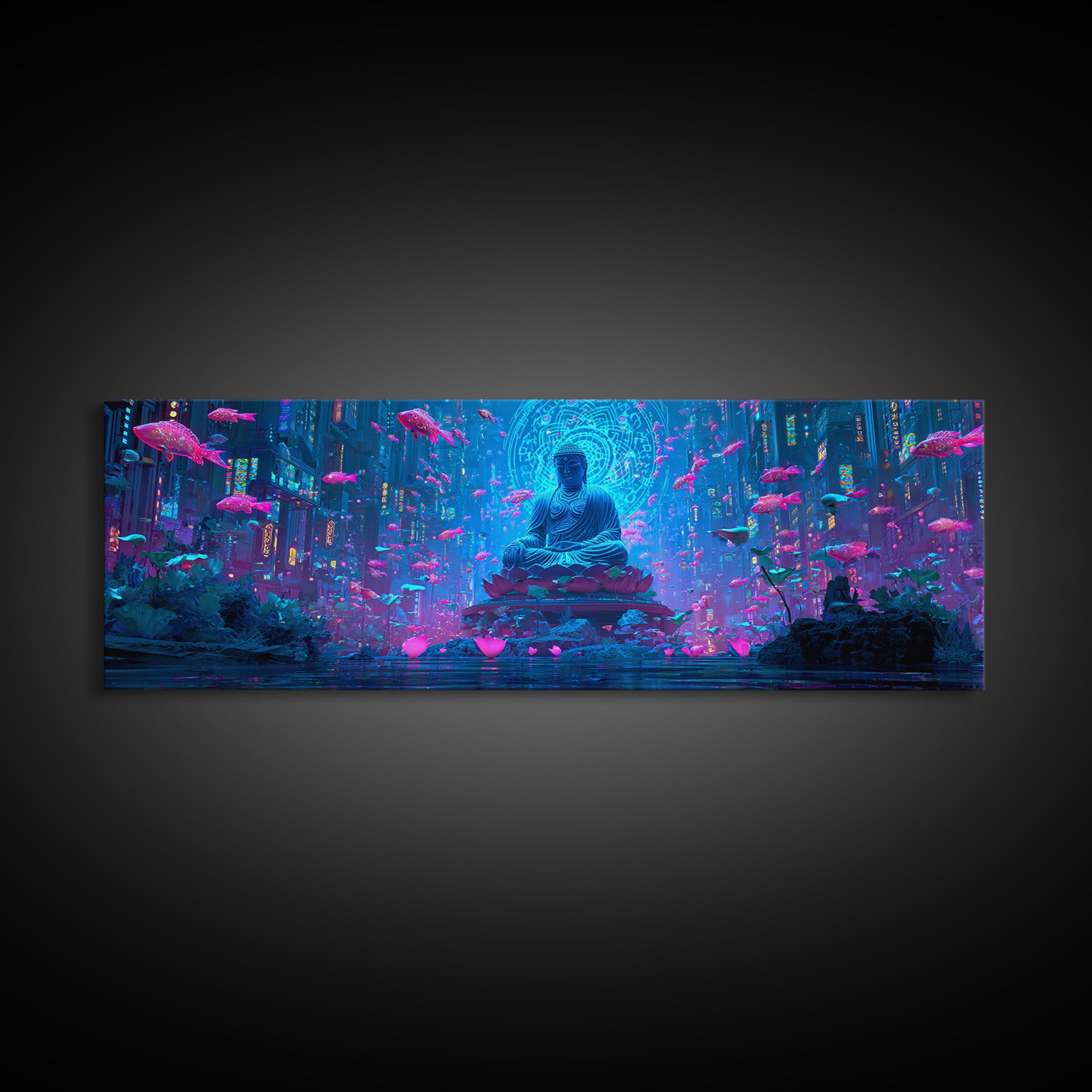Neon Buddha Fish Temple Canvas Print, Zen Cyberpunk Wall Art, Meditation Room Decor, Futuristic Spiritual Wall Art Print