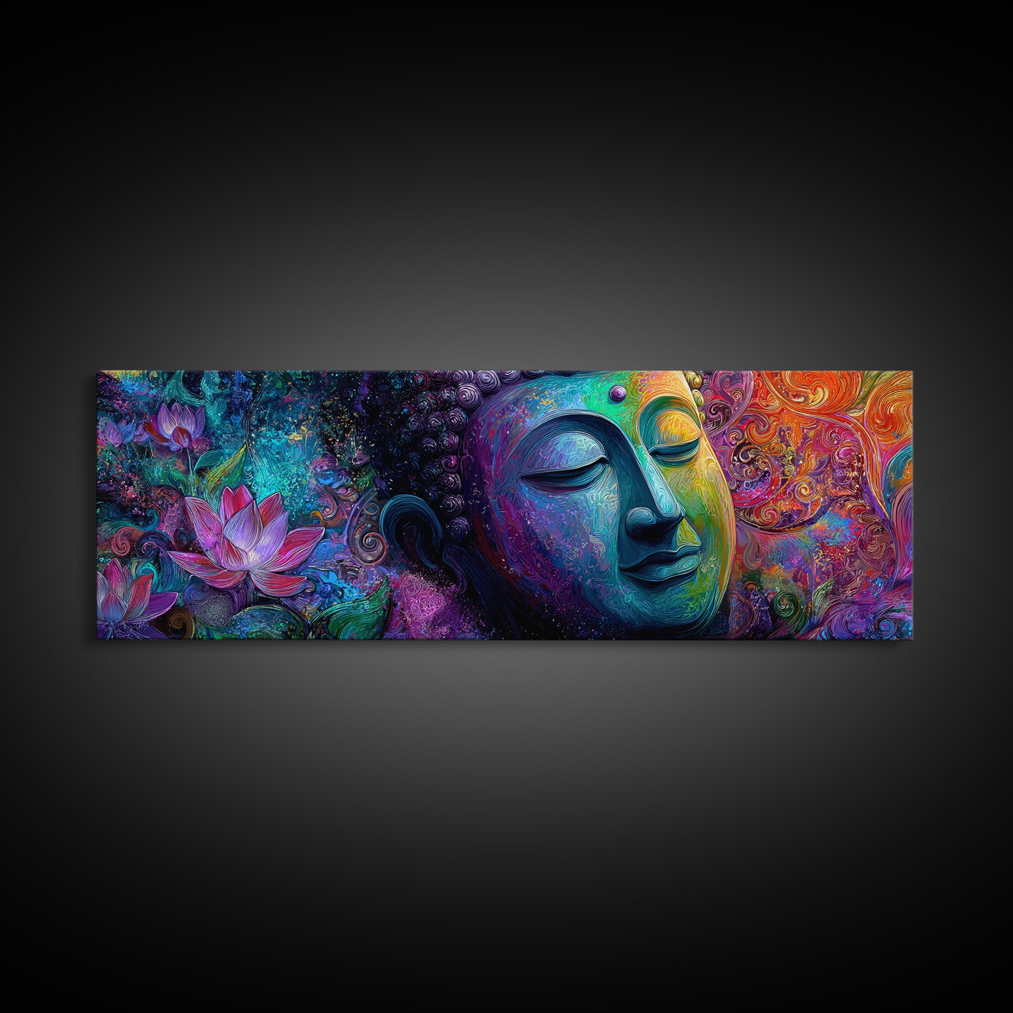 Vibrant Buddha With Lotus Framed Canvas Print, Psychedelic Spiritual Wall Art, Meditation Decor, Colorful Yoga Room Art Print