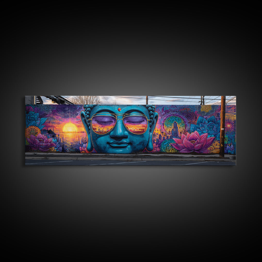 Buddha Mural With Sunset Sunglasses Wall Art, Urban Graffiti Canvas Print, Meditation Decor, Lotus Street Art, Calming Zen Gift