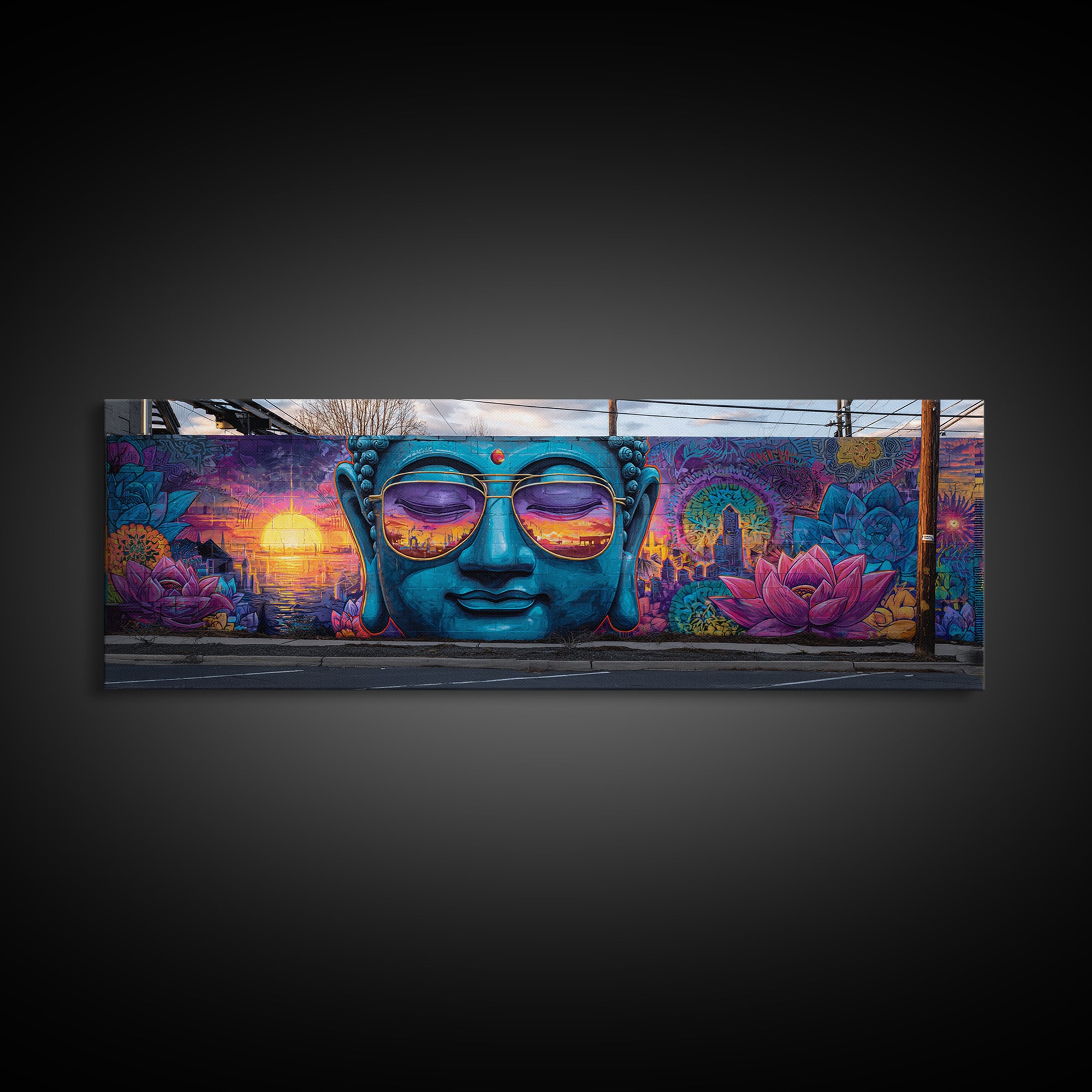 Buddha Mural With Sunset Sunglasses Wall Art, Urban Graffiti Canvas Print, Meditation Decor, Lotus Street Art, Calming Zen Gift