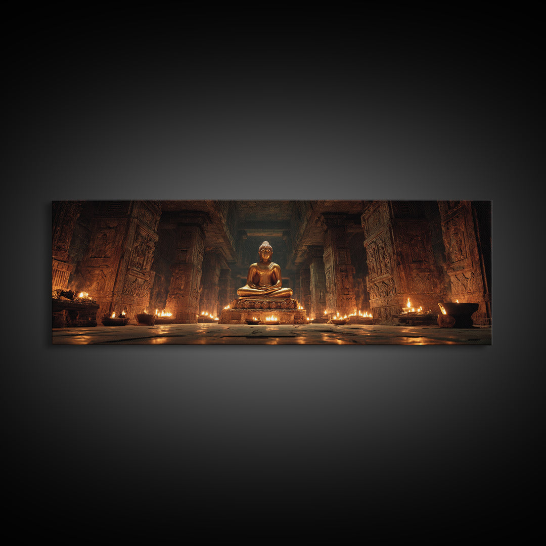 Golden Buddha In Candlelit Temple Framed Canvas Print, Spiritual Meditation Wall Art, Zen Spa Decor For Prayer Room And Yoga Room