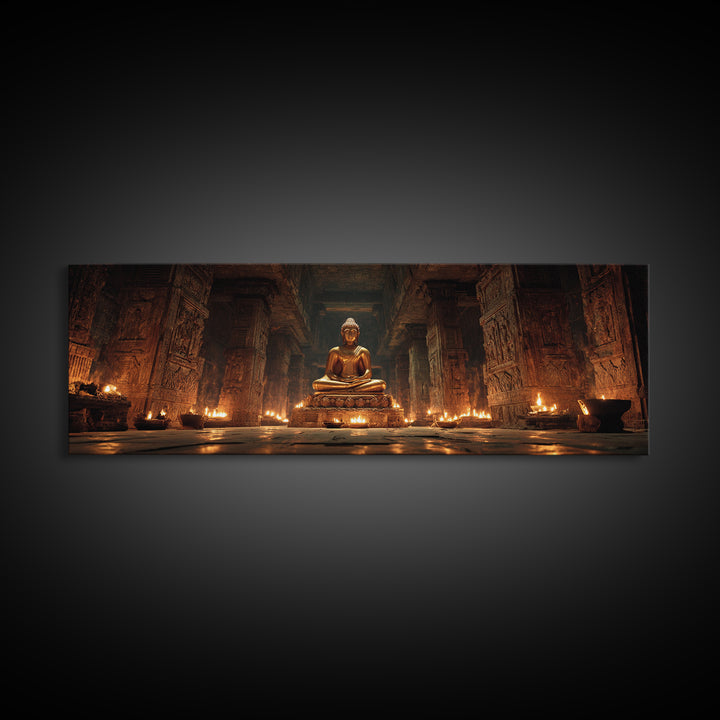 Golden Buddha In Candlelit Temple Framed Canvas Print, Spiritual Meditation Wall Art, Zen Spa Decor For Prayer Room And Yoga Room