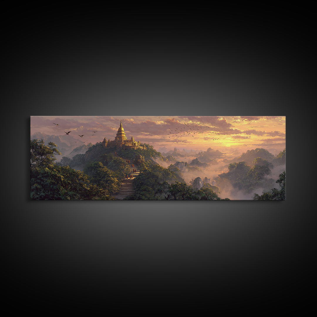 Golden Mountain Pagoda Temple Wall Art, Asian Jungle Sunrise Canvas, Spiritual Landscape Print, Meditation Room Decor, Zen Home Decor