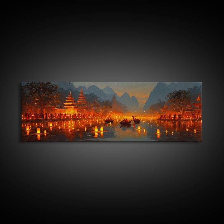 Glowing Lantern Festival Wall Art, Asian River Temple Canvas Print, Magical Night Landscape, Travel Inspired Home Decor Print