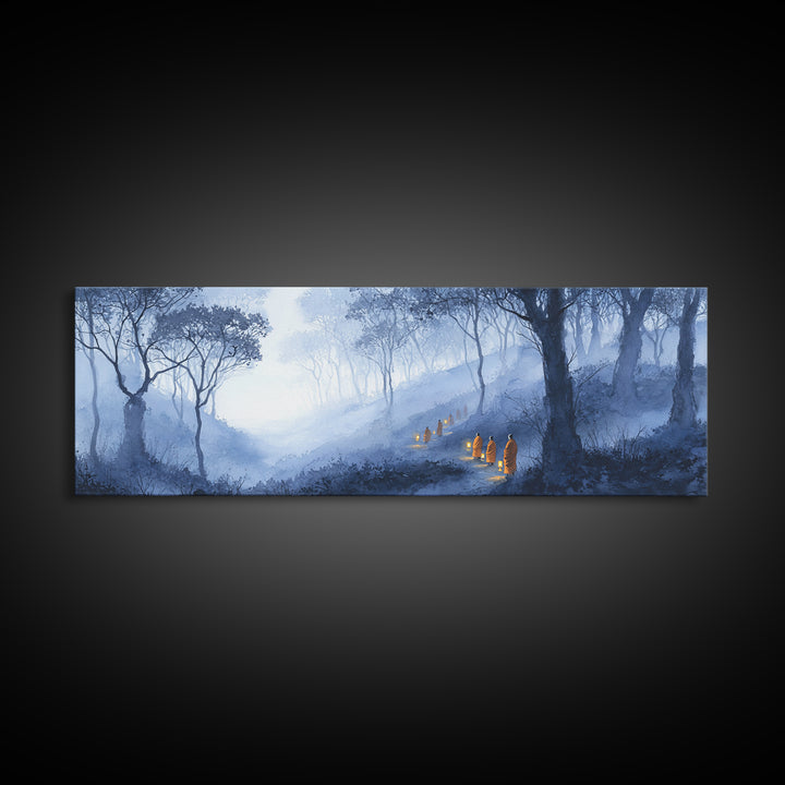 Misty Blue Enchanted Forest Wall Art, Hooded Lantern Path Fantasy Landscape, Dark Academia Decor, Gothic Canvas Print Gift