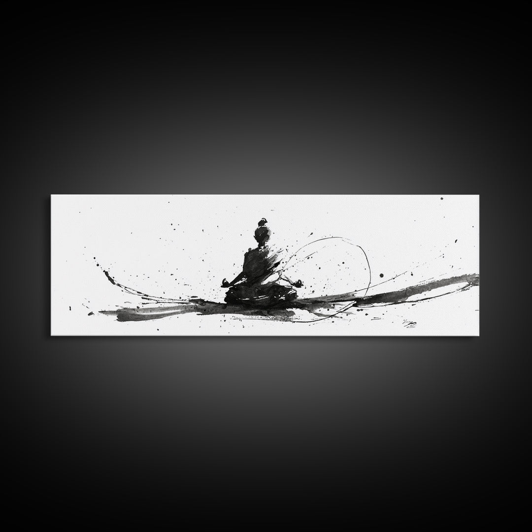 Minimalist Ink Meditation Figure Wall Art, Black And White Zen Canvas Print, Mindfulness Decor For Yoga Studio And Office