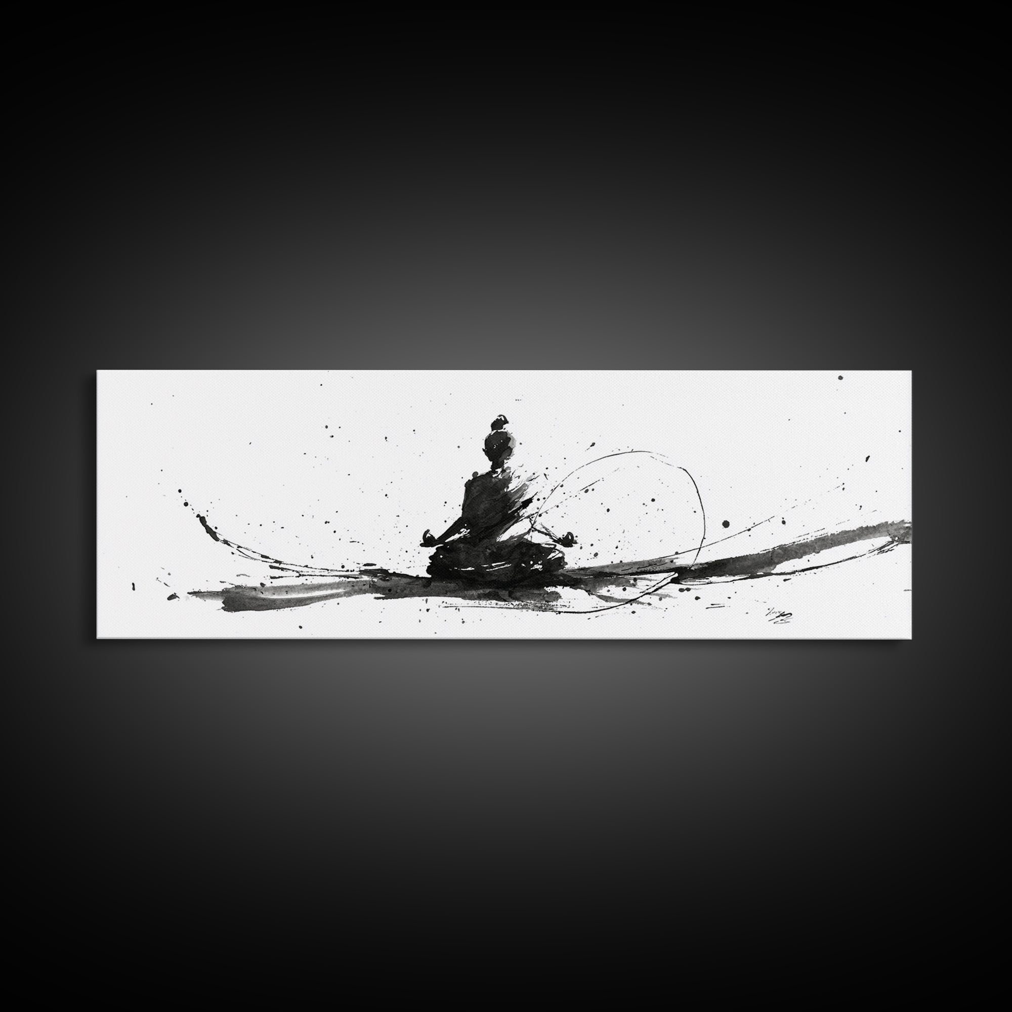 Minimalist Ink Meditation Figure Wall Art, Black And White Zen Canvas Print, Mindfulness Decor For Yoga Studio And Office