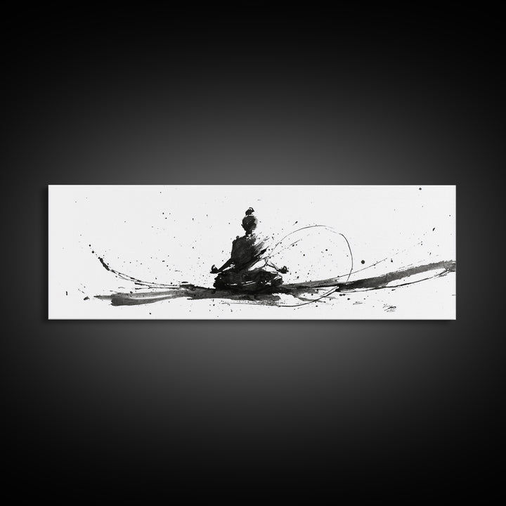 Minimalist Ink Meditation Figure Wall Art, Black And White Zen Canvas Print, Mindfulness Decor For Yoga Studio And Office