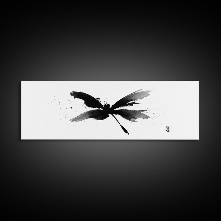 Black Ink Dragonfly Wall Art, Minimalist Japanese Brush Painting, Zen Decor, Black And White Art, Horizontal Canvas Print