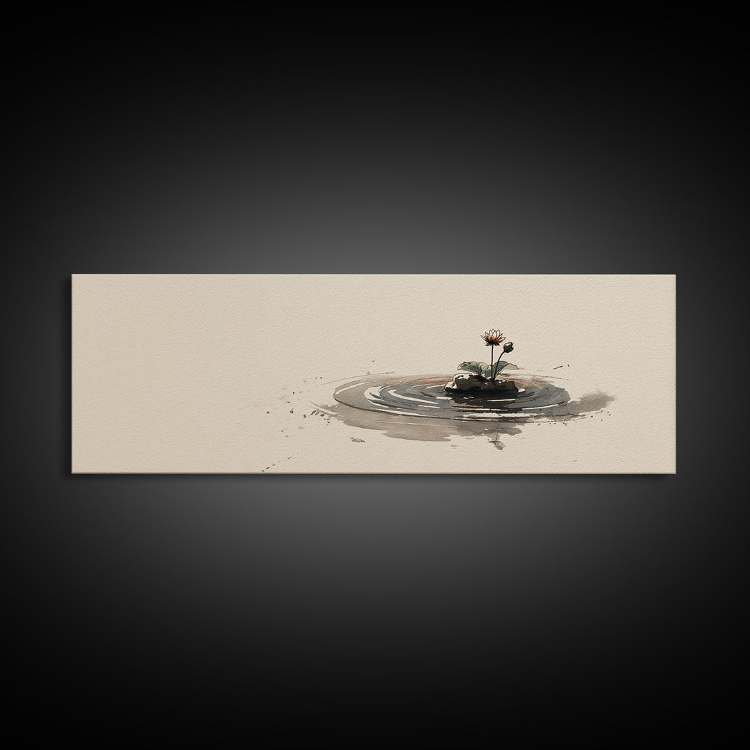 Minimal Zen Water Ripple With Tiny Flower Canvas Print, Wabi Sabi Wall Art, Japandi Decor, Neutral Minimalist Home Decor