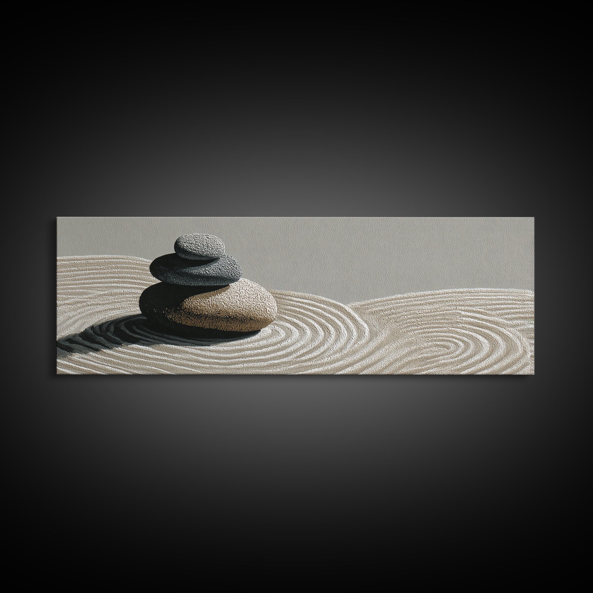 Raked Sand Zen Stones Wall Art, Minimalist Canvas Print, Japandi Spa Decor, Neutral Wabi Sabi Calming Meditation Room Decor