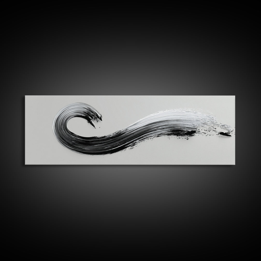 Black Ink Wave Canvas Print, Minimalist Wall Art, Japanese Sumi Painting, Abstract Line Art, Neutral Decor, Zen Office Poster