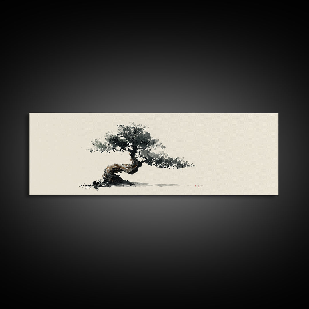 Minimalist Bonsai Tree Wall Art, Japanese Ink Painting Print, Zen Home Decor, Japandi Office Art, Calming Nature Canvas Print