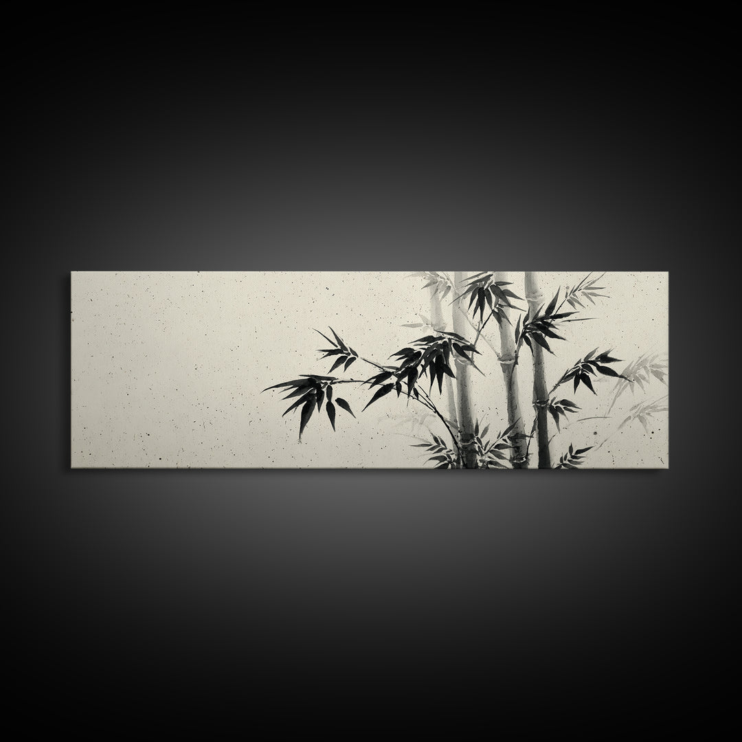 Minimalist Black Ink Bamboo Wall Art, Japanese Sumi Brush Canvas Print, Zen Botanical Decor For Calm Living Room Wall Decor