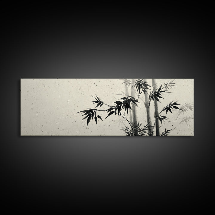Minimalist Black Ink Bamboo Wall Art, Japanese Sumi Brush Canvas Print, Zen Botanical Decor For Calm Living Room Wall Decor