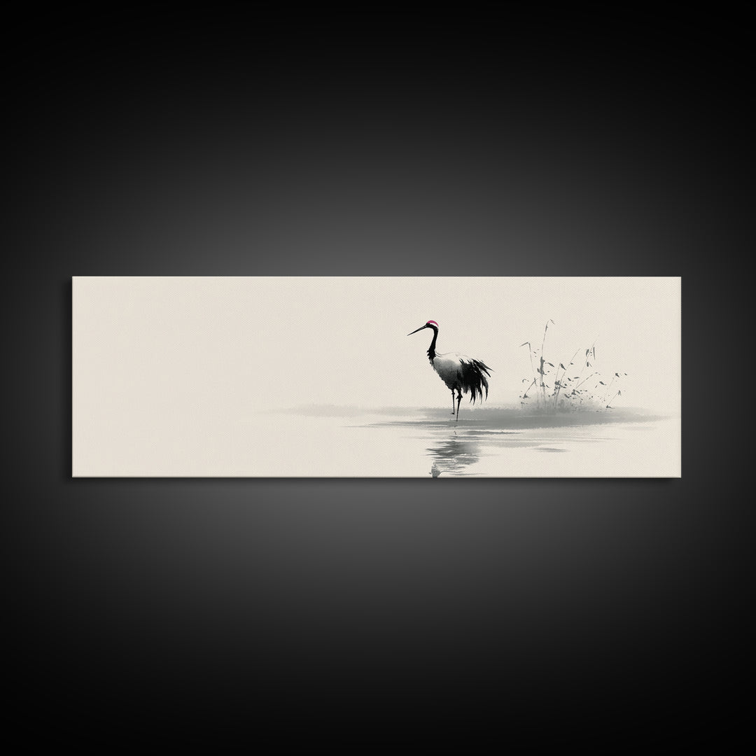 Minimalist Crane By Water Framed Canvas Print, Japanese Wall Art, Zen Bird Illustration, Neutral Living Room Decor, Fine Art Print
