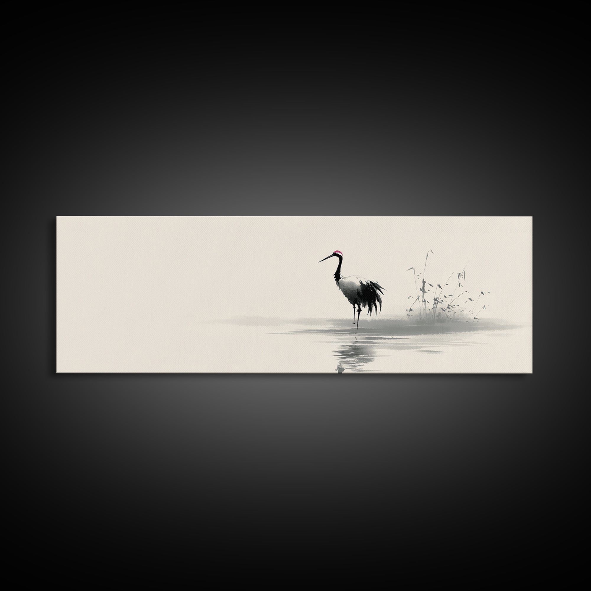 Minimalist Crane By Water Framed Canvas Print, Japanese Wall Art, Zen Bird Illustration, Neutral Living Room Decor, Fine Art Print