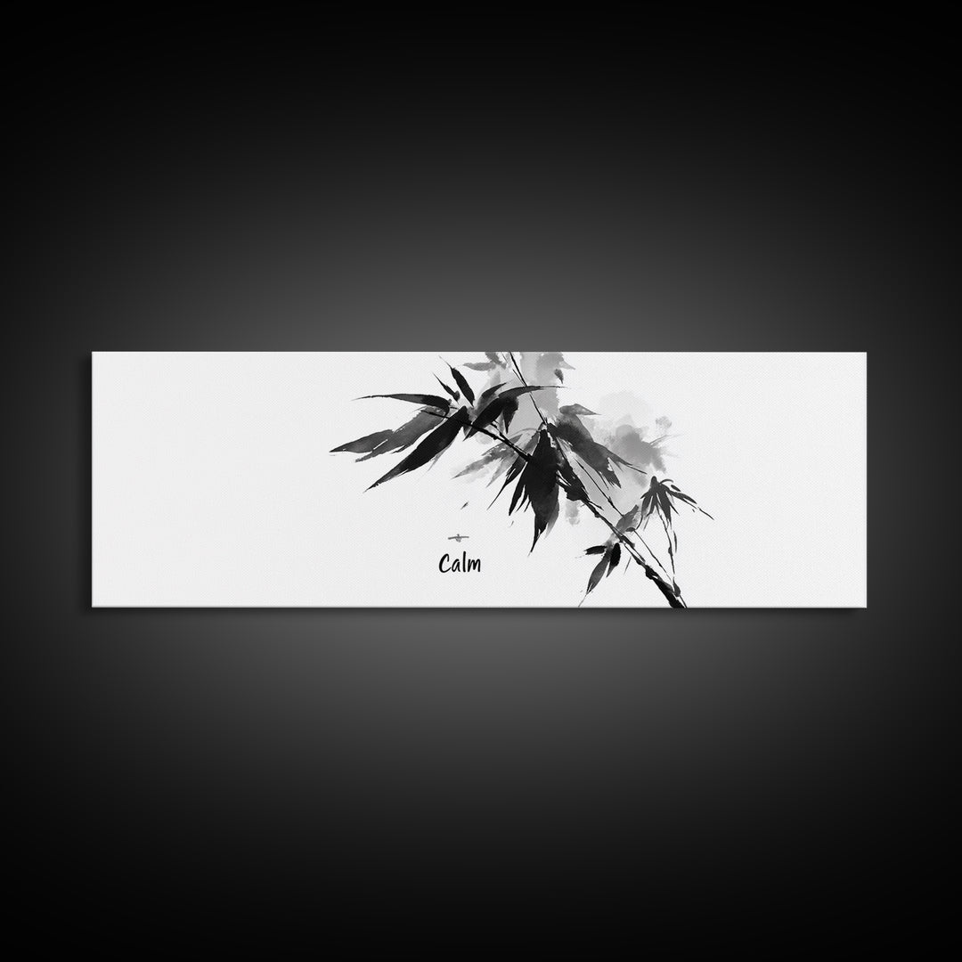Black Ink Bamboo Calm Wall Art, Minimalist Japanese Zen Brush Painting, Black And White Decor, Peaceful Meditation Canvas Print