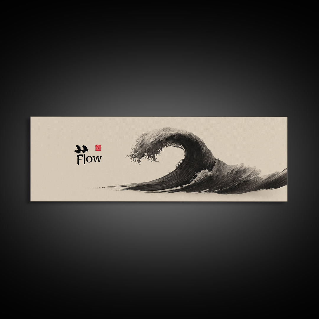 Japanese Ink Wave Flow Wall Art, Black And White Zen Ocean Canvas Print, Minimalist Japandi Decor For Meditation Room Home Decor