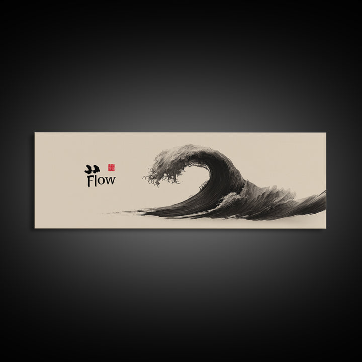 Japanese Ink Wave Flow Wall Art, Black And White Zen Ocean Canvas Print, Minimalist Japandi Decor For Meditation Room Home Decor