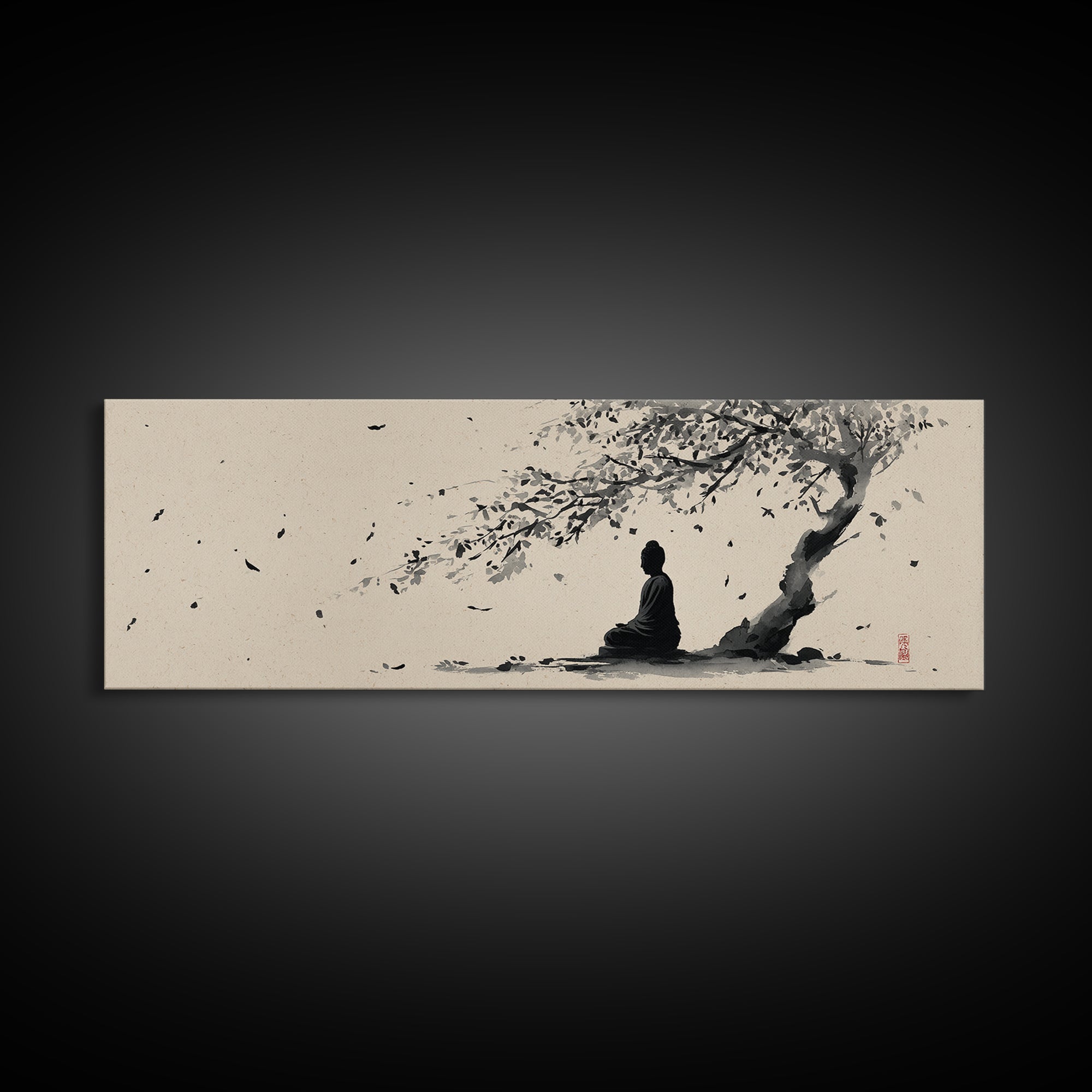 Zen Figure Under Windblown Tree Wall Art, Japanese Ink Landscape, Minimalist Zen Decor, Calming Meditation Room Art Print