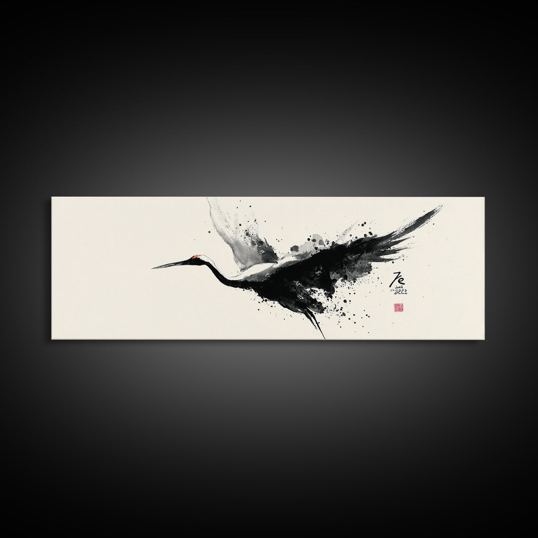 Black Ink Crane Wall Art, Japanese Brush Canvas Print, Minimalist Bird Art, Black And White Art, Zen Wall Decor, Asian Inspired Art