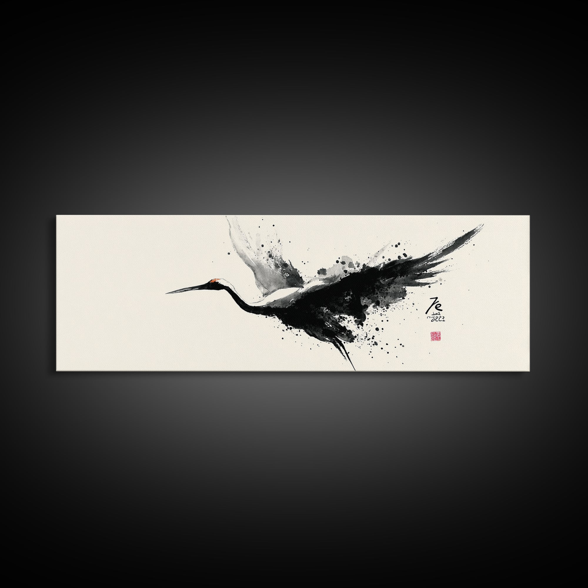 Black Ink Crane Wall Art, Japanese Brush Canvas Print, Minimalist Bird Art, Black And White Art, Zen Wall Decor, Asian Inspired Art