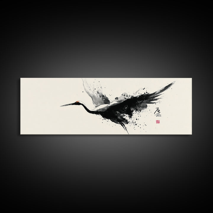 Black Ink Crane Wall Art, Japanese Brush Canvas Print, Minimalist Bird Art, Black And White Art, Zen Wall Decor, Asian Inspired Art