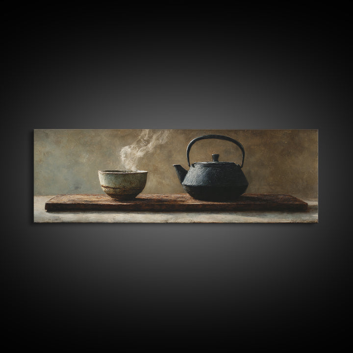 Wabi Sabi Tea Bowl And Cast Iron Teapot Wall Art, Zen Kitchen Still Life, Japanese Minimalist Decor, Framed Canvas Print