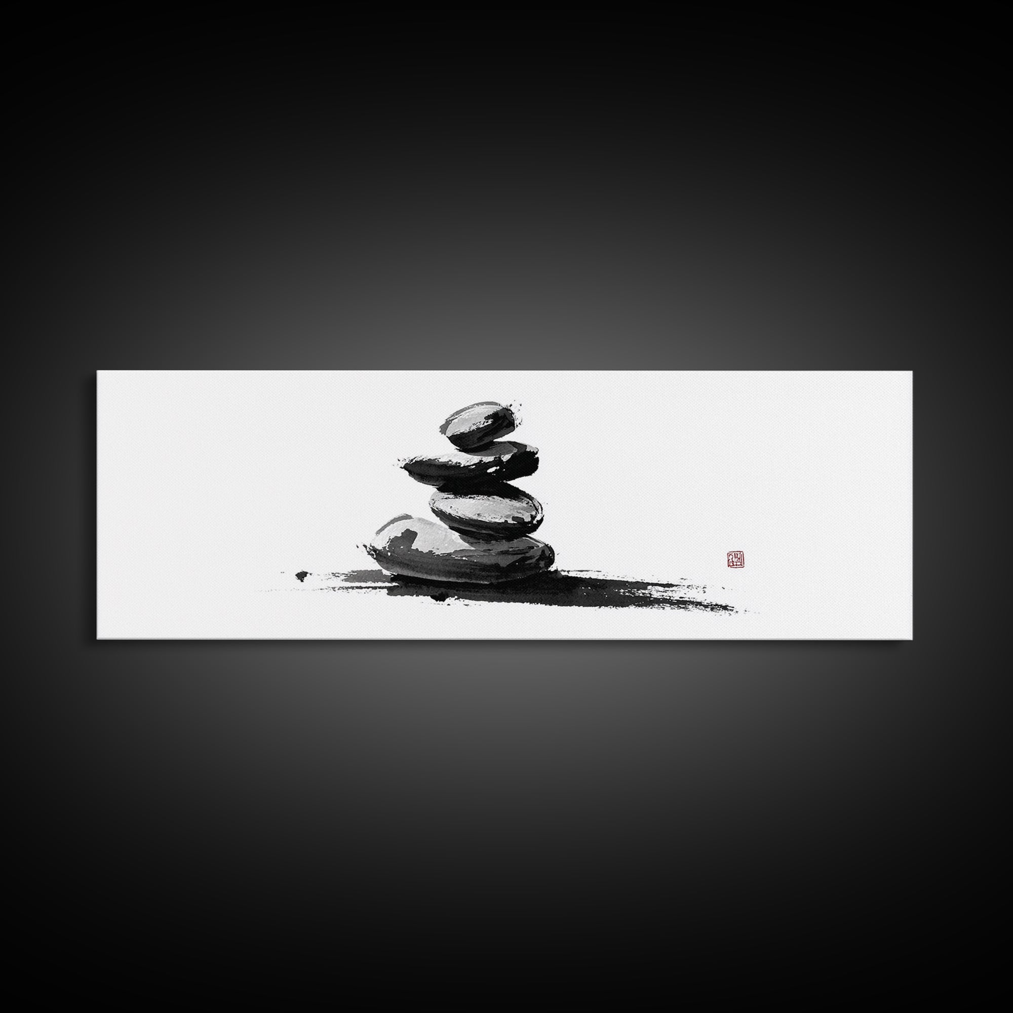 Stacked Zen Stones Canvas Print, Minimalist Wall Art, Sumi Ink Painting, Spa Decor, Meditation Room, Neutral Home Decor Art