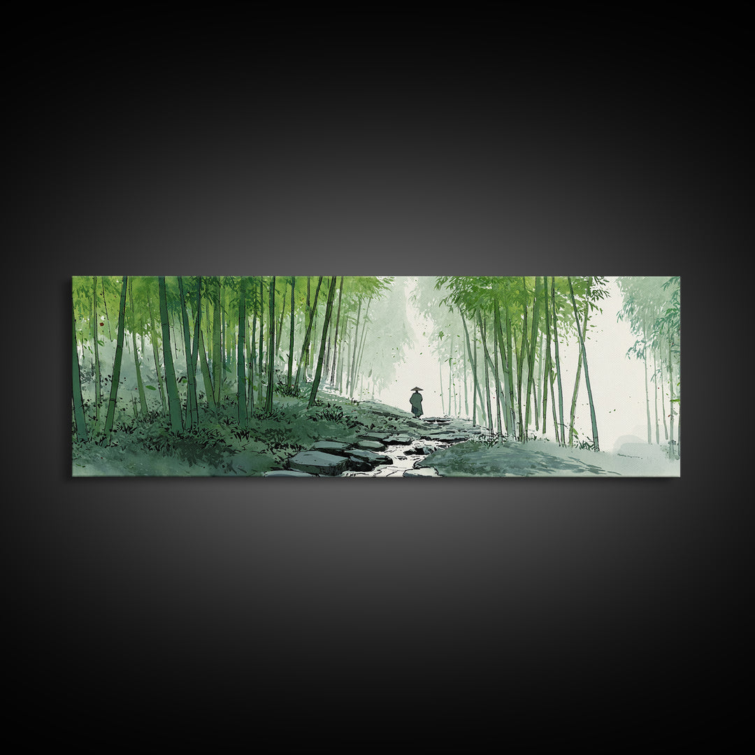 Bamboo Forest Path Canvas Print, Japanese Zen Landscape Wall Art, Green Nature Painting, Japandi Meditation Room Decor Print