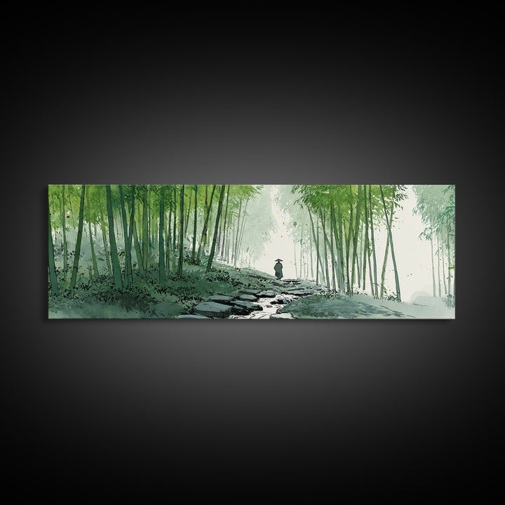 Bamboo Forest Path Canvas Print, Japanese Zen Landscape Wall Art, Green Nature Painting, Japandi Meditation Room Decor Print