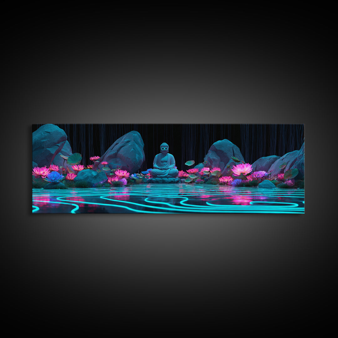 Neon Buddha Lotus Pond Wall Art, Zen Meditation Canvas, Spiritual Decor, Japandi Wall Decor, Yoga Room, Calming Art Print
