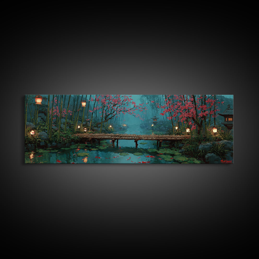Cherry Blossom Bamboo Pond Wall Art, Japanese Lantern Bridge Canvas, Serene Zen Landscape, Japandi Living Room Decor, Calming Home Decor
