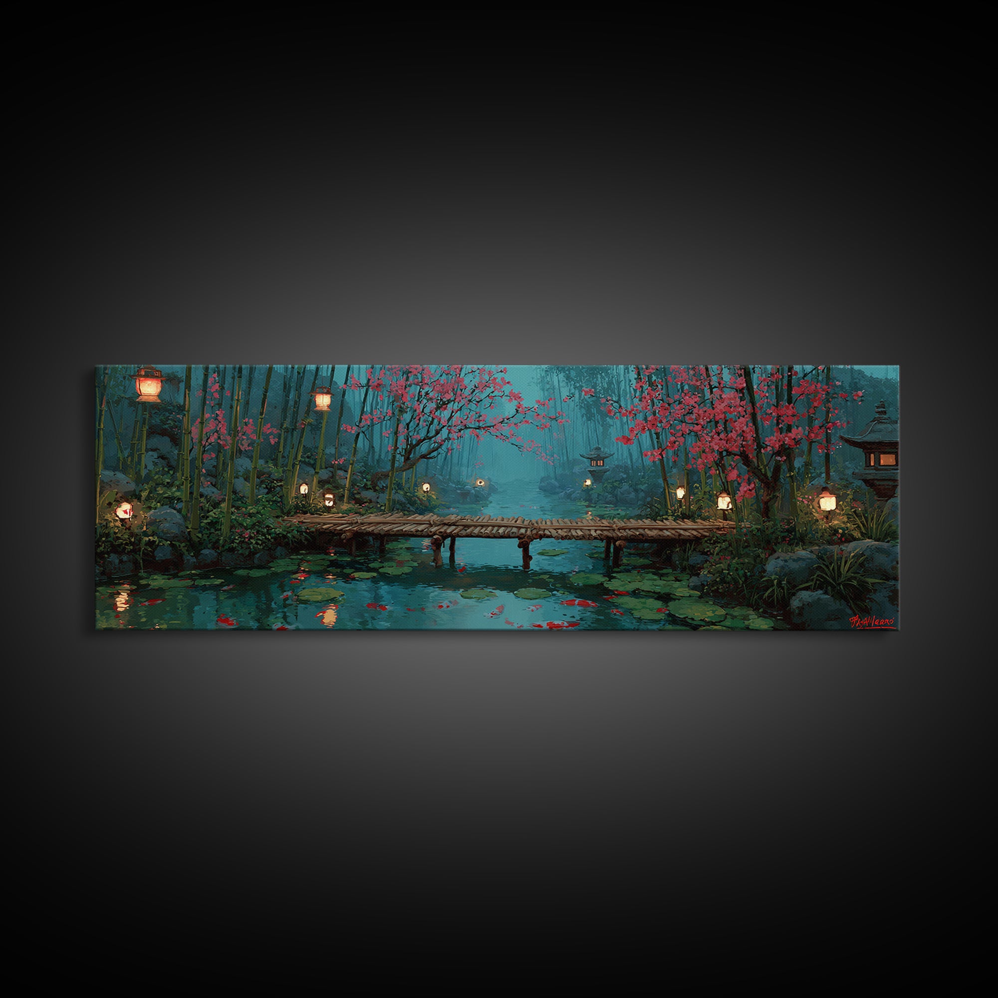 Cherry Blossom Bamboo Pond Wall Art, Japanese Lantern Bridge Canvas, Serene Zen Landscape, Japandi Living Room Decor, Calming Home Decor