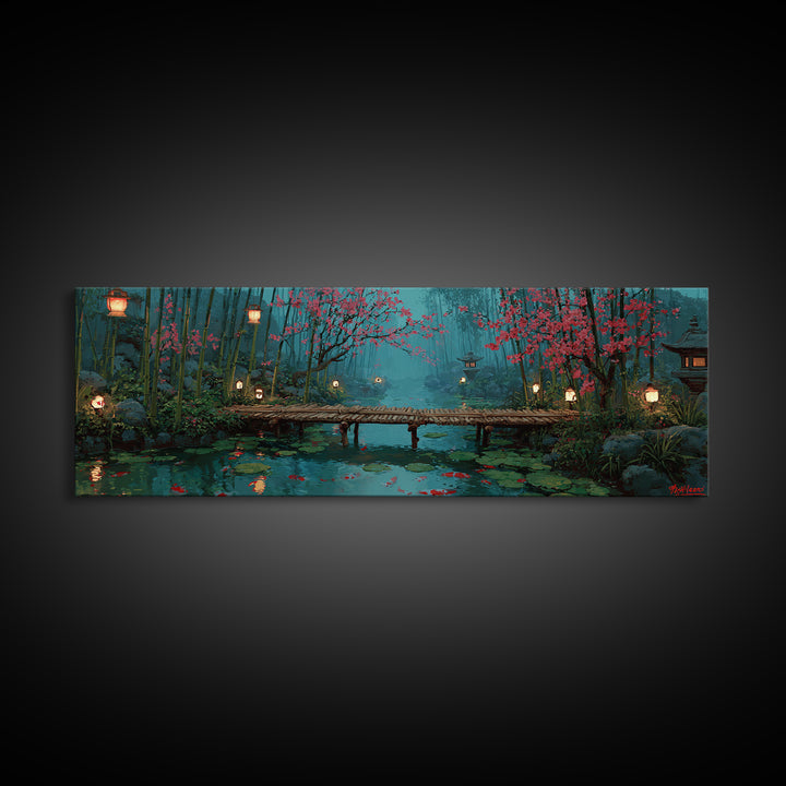 Cherry Blossom Bamboo Pond Wall Art, Japanese Lantern Bridge Canvas, Serene Zen Landscape, Japandi Living Room Decor, Calming Home Decor